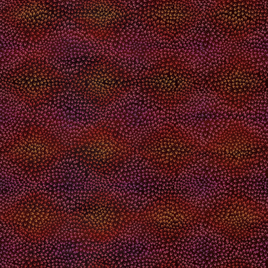 Vivid Mums Spice Red quilting cotton fabric showing dense allover chrysanthemum burst blender with hundreds of tiny pointed petals radiating in spiraling formations in deep crimson, rich red, coral-orange, gold, and purple-mauve on dark near-black burgundy by Jason Yenter for In The Beginning Fabrics, 100% cotton, 3 yard cut