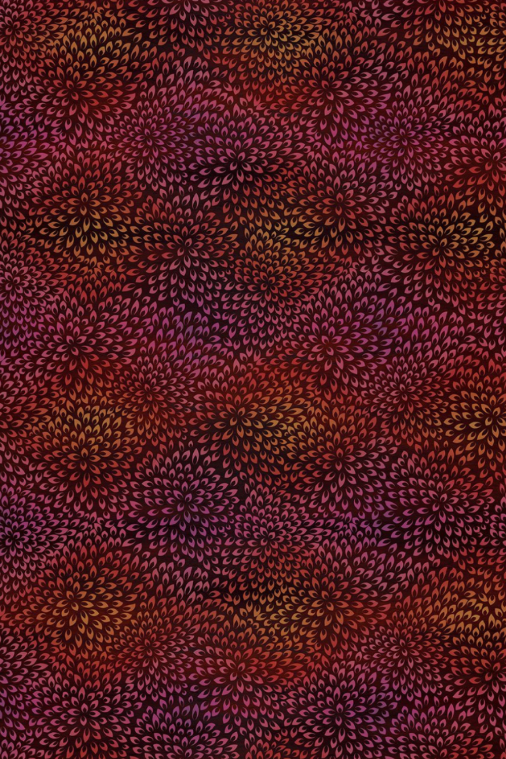Vivid Mums Spice Red fabric by Jason Yenter for In The Beginning Fabrics – dense allover chrysanthemum burst blender with hundreds of tiny pointed petals in deep crimson, rich red, coral-orange, gold, and purple-mauve on dark burgundy, perfect for warm-toned and jewel-toned quilt projects, 100% cotton, 3 yard cut