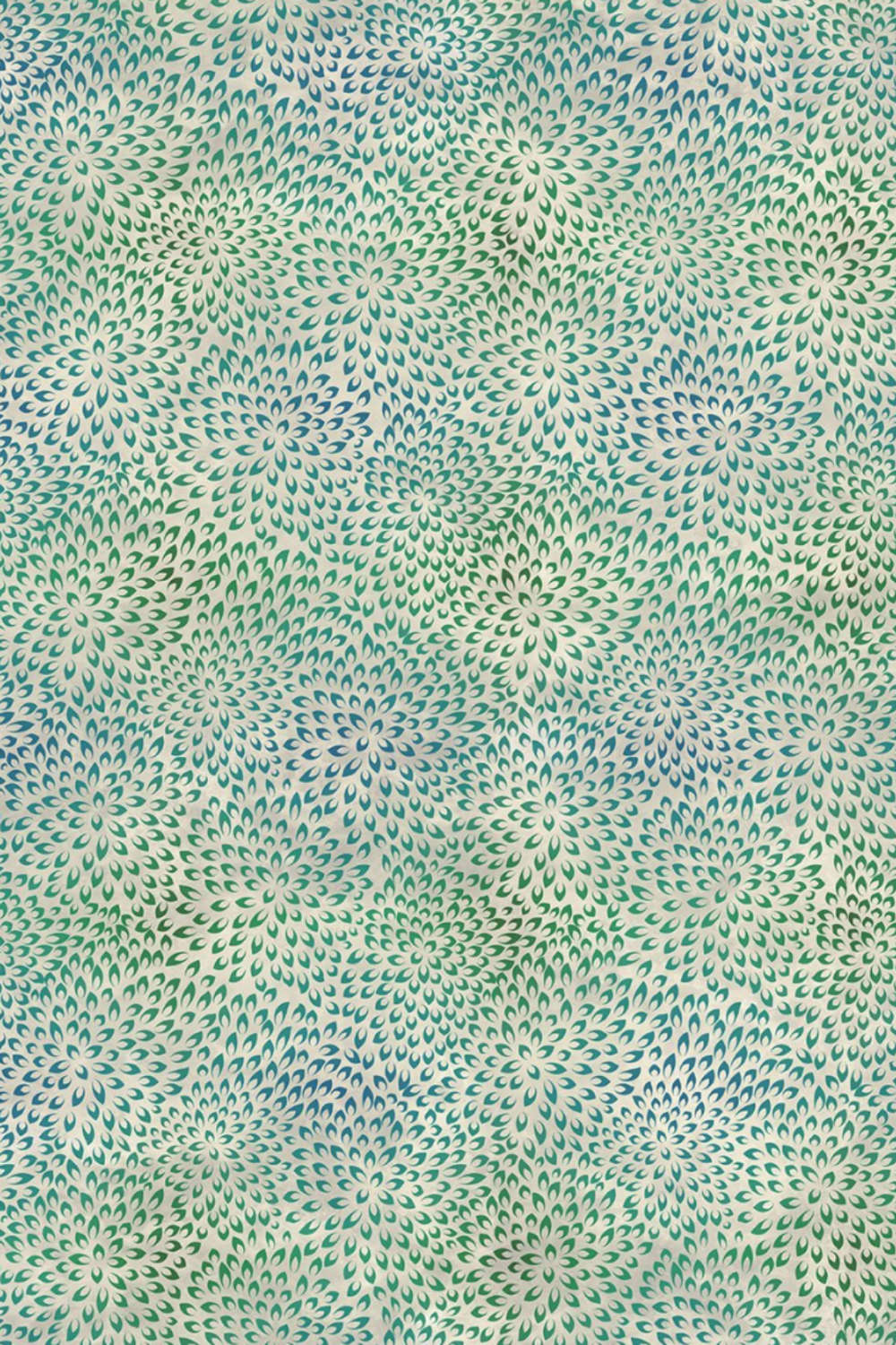 Vivid Mums Spice Teal fabric by Jason Yenter for In The Beginning Fabrics – dense allover chrysanthemum burst blender with hundreds of tiny pointed petals radiating in spiraling formations in teal, emerald, sage, and periwinkle on light cream and silver-grey, perfect for teal and jewel-toned quilt projects, 100% cotton, 3 yard cut