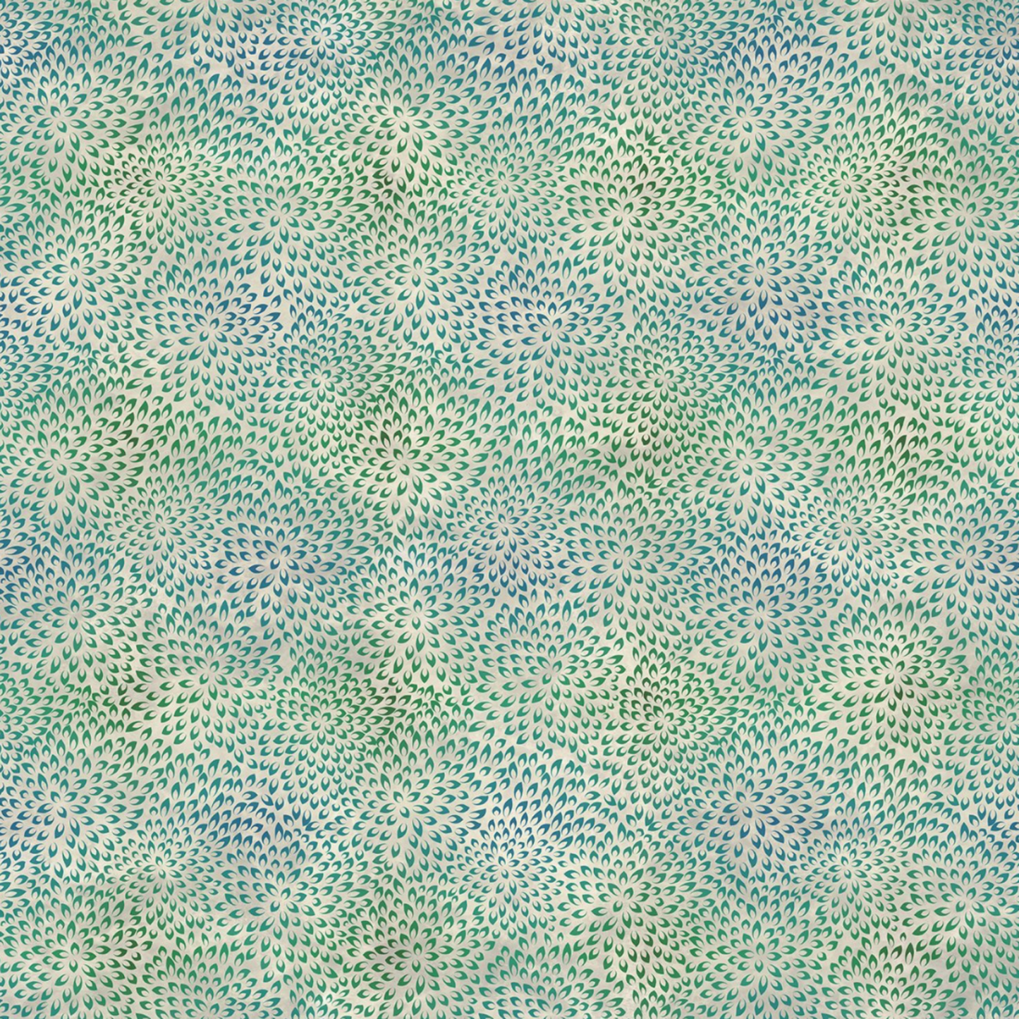 Vivid Mums Spice Teal quilting cotton fabric showing dense allover chrysanthemum burst blender with hundreds of tiny pointed petals radiating in spiraling formations in teal, emerald green, sage, blue-grey, and periwinkle on light cream and silver-grey by Jason Yenter for In The Beginning Fabrics, 100% cotton, 3 yard cut