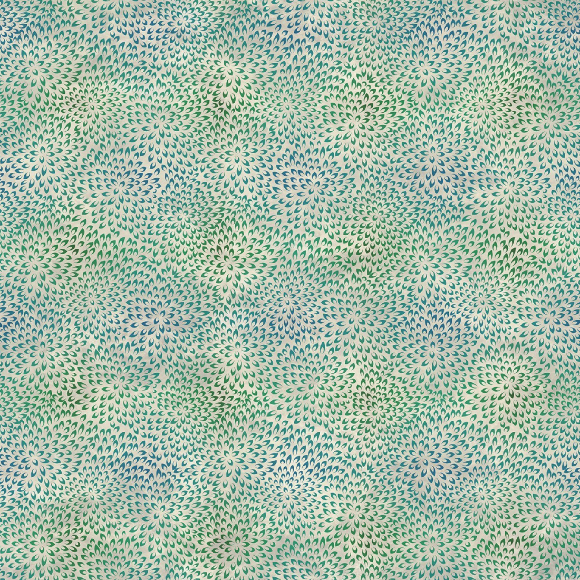 Vivid Mums Spice Teal quilting cotton fabric showing dense allover chrysanthemum burst blender with hundreds of tiny pointed petals radiating in spiraling formations in teal, emerald green, sage, blue-grey, and periwinkle on light cream and silver-grey by Jason Yenter for In The Beginning Fabrics, 100% cotton, 3 yard cut