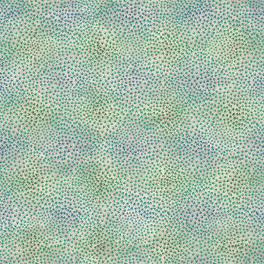 Vivid Mums Spice Teal quilting cotton fabric showing dense allover chrysanthemum burst blender with hundreds of tiny pointed petals radiating in spiraling formations in teal, emerald green, sage, blue-grey, and periwinkle on light cream and silver-grey by Jason Yenter for In The Beginning Fabrics, 100% cotton, 3 yard cut
