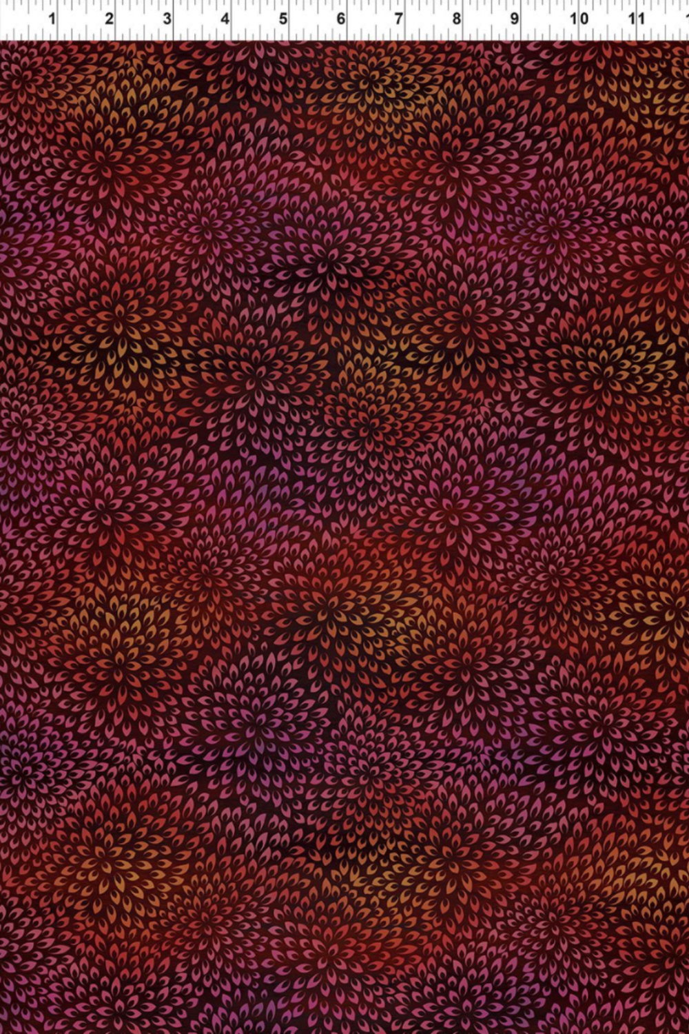 Vivid Mums Spice Red fabric by Jason Yenter for In The Beginning Fabrics with ruler showing print scale – dense allover chrysanthemum burst blender with tiny pointed petals in deep crimson, red, coral-orange, and gold on dark burgundy, perfect for warm-toned and jewel-toned quilt projects, 100% cotton, 3 yard cut