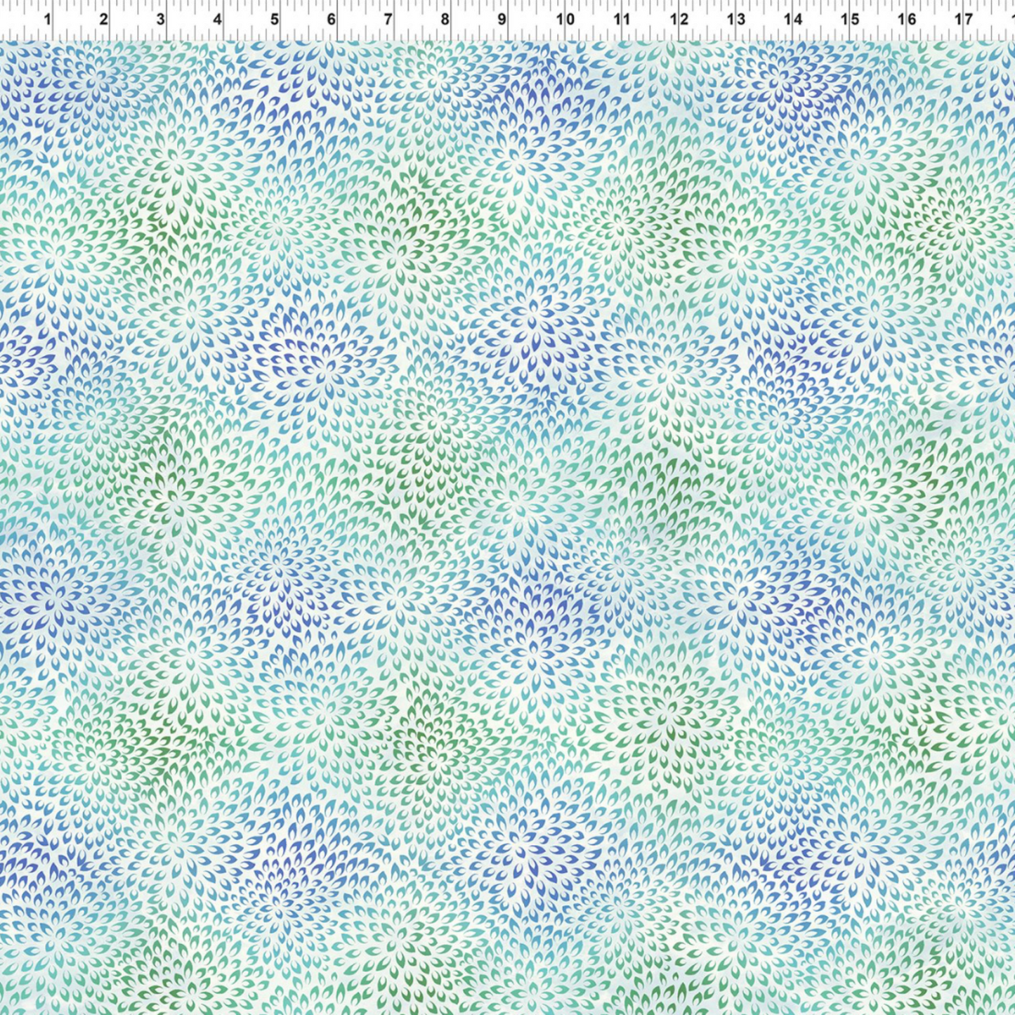 Vivid Mums Jewel Blue quilting cotton fabric with ruler showing print scale – dense allover chrysanthemum burst blender with tiny pointed petals in periwinkle blue, cobalt, teal, aqua, and sage green on very light pale blue and silver by Jason Yenter for In The Beginning Fabrics, 100% cotton, 3 yard cut