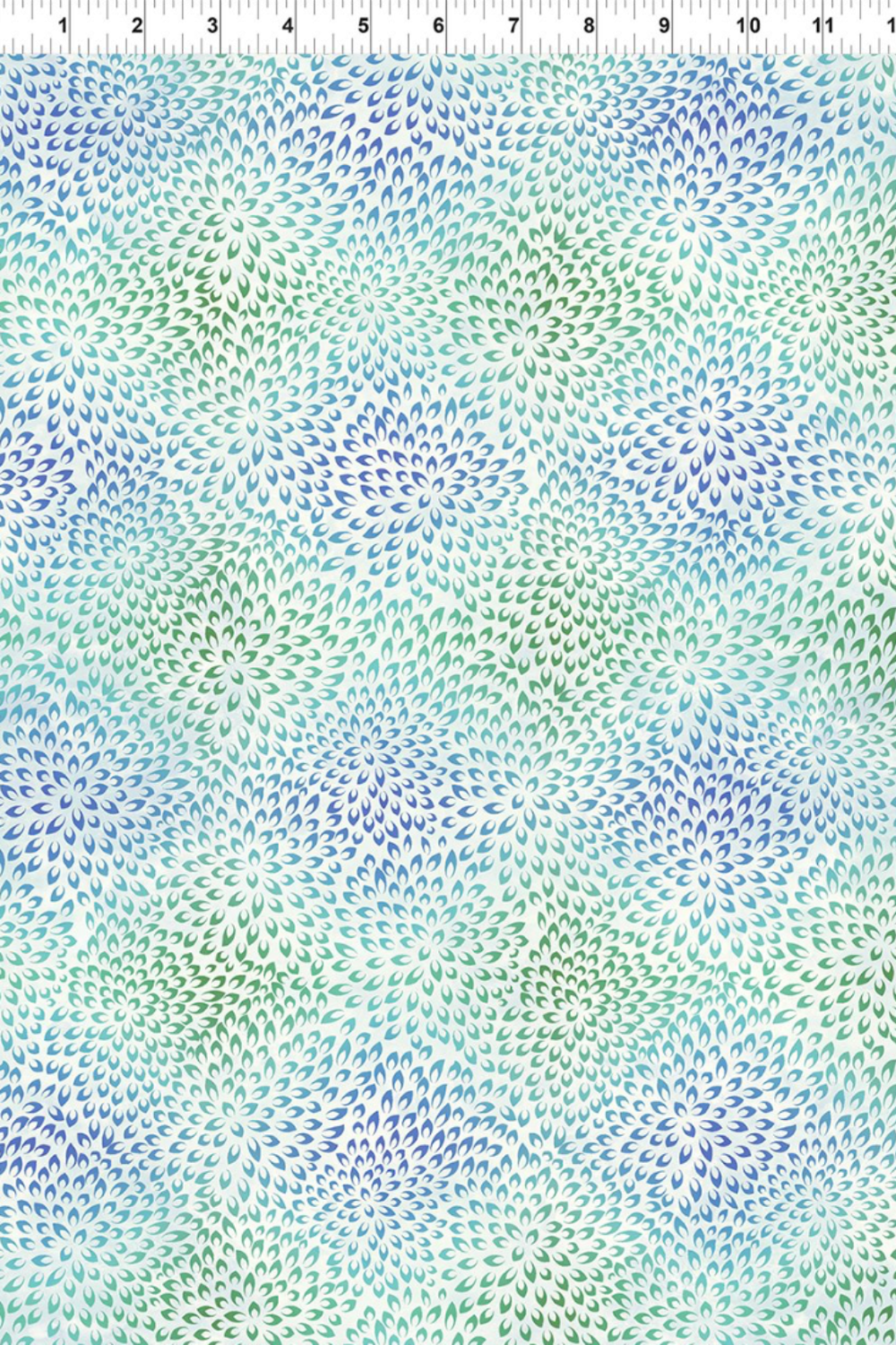 Vivid Mums Jewel Blue fabric by Jason Yenter for In The Beginning Fabrics with ruler showing print scale – dense allover chrysanthemum burst blender with tiny pointed petals in periwinkle blue, cobalt, teal, and aqua on very light pale blue and silver, perfect for jewel-toned and blue quilt projects, 100% cotton, 3 yard cut