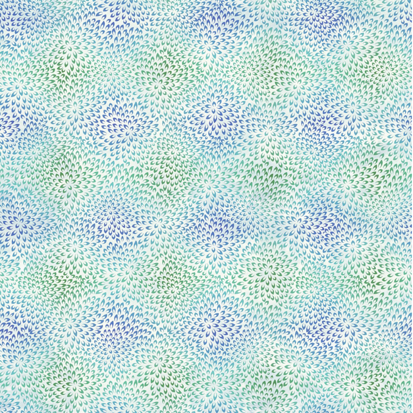 Vivid Mums Jewel Blue quilting cotton fabric showing dense allover chrysanthemum burst blender with hundreds of tiny pointed petals radiating in spiraling formations in periwinkle blue, cobalt, teal, aqua, and sage green on very light pale blue and silver by Jason Yenter for In The Beginning Fabrics, 100% cotton, 3 yard cut