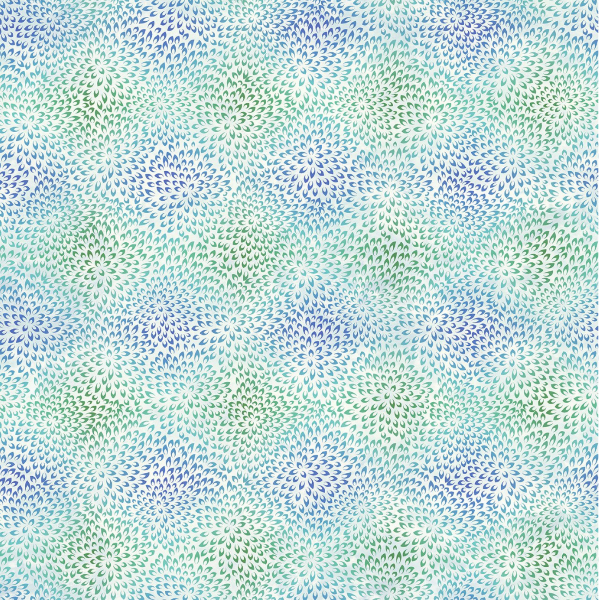 Vivid Mums Jewel Blue quilting cotton fabric showing dense allover chrysanthemum burst blender with hundreds of tiny pointed petals radiating in spiraling formations in periwinkle blue, cobalt, teal, aqua, and sage green on very light pale blue and silver by Jason Yenter for In The Beginning Fabrics, 100% cotton, 3 yard cut