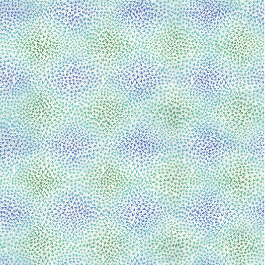 Vivid Mums Jewel Blue quilting cotton fabric showing dense allover chrysanthemum burst blender with hundreds of tiny pointed petals radiating in spiraling formations in periwinkle blue, cobalt, teal, aqua, and sage green on very light pale blue and silver by Jason Yenter for In The Beginning Fabrics, 100% cotton, 3 yard cut