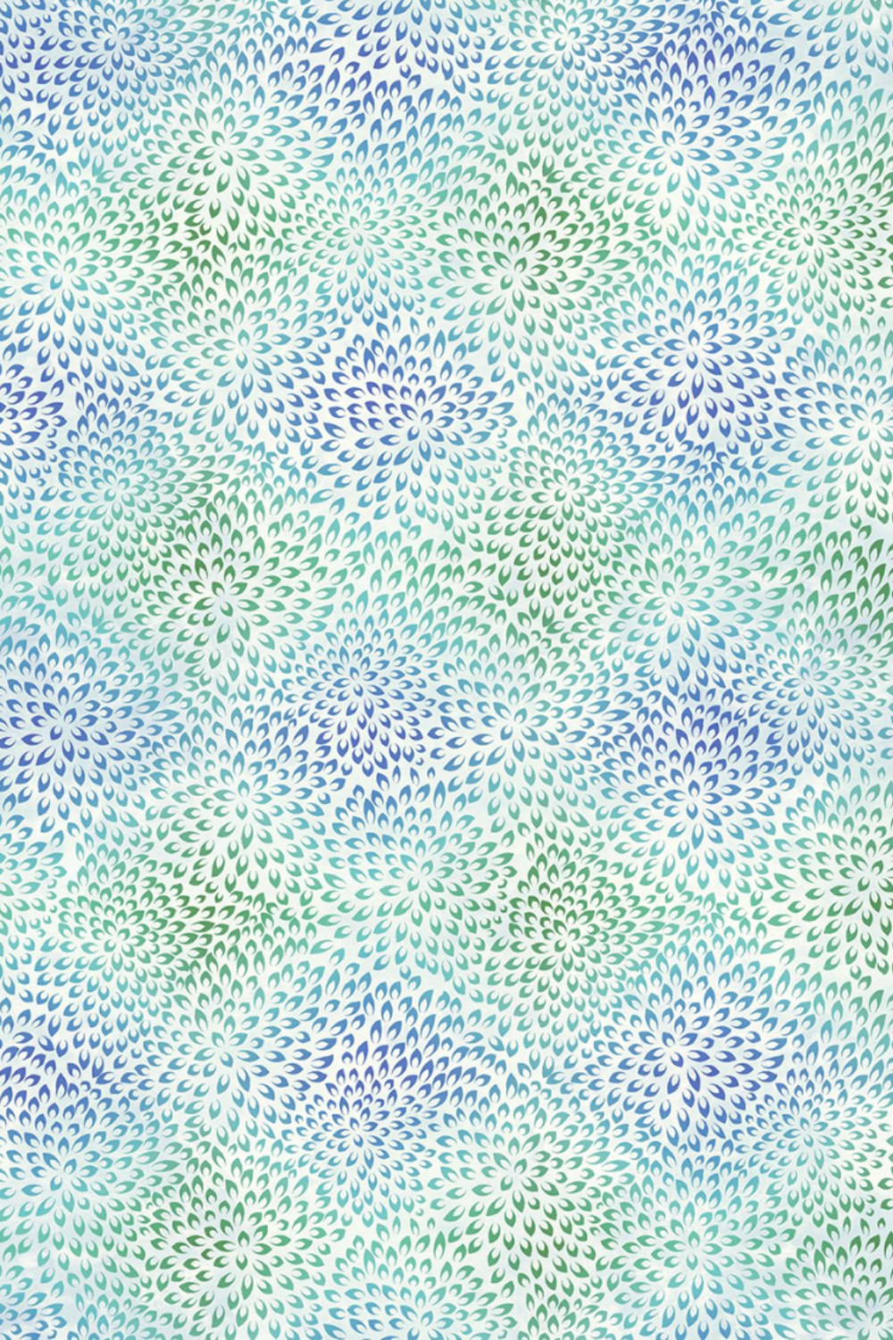 Vivid Mums Jewel Blue fabric by Jason Yenter for In The Beginning Fabrics – dense allover chrysanthemum burst blender with hundreds of tiny pointed petals in periwinkle blue, cobalt, teal, aqua, and sage green on very light pale blue and silver, perfect for jewel-toned and blue quilt projects, 100% cotton, 3 yard cut