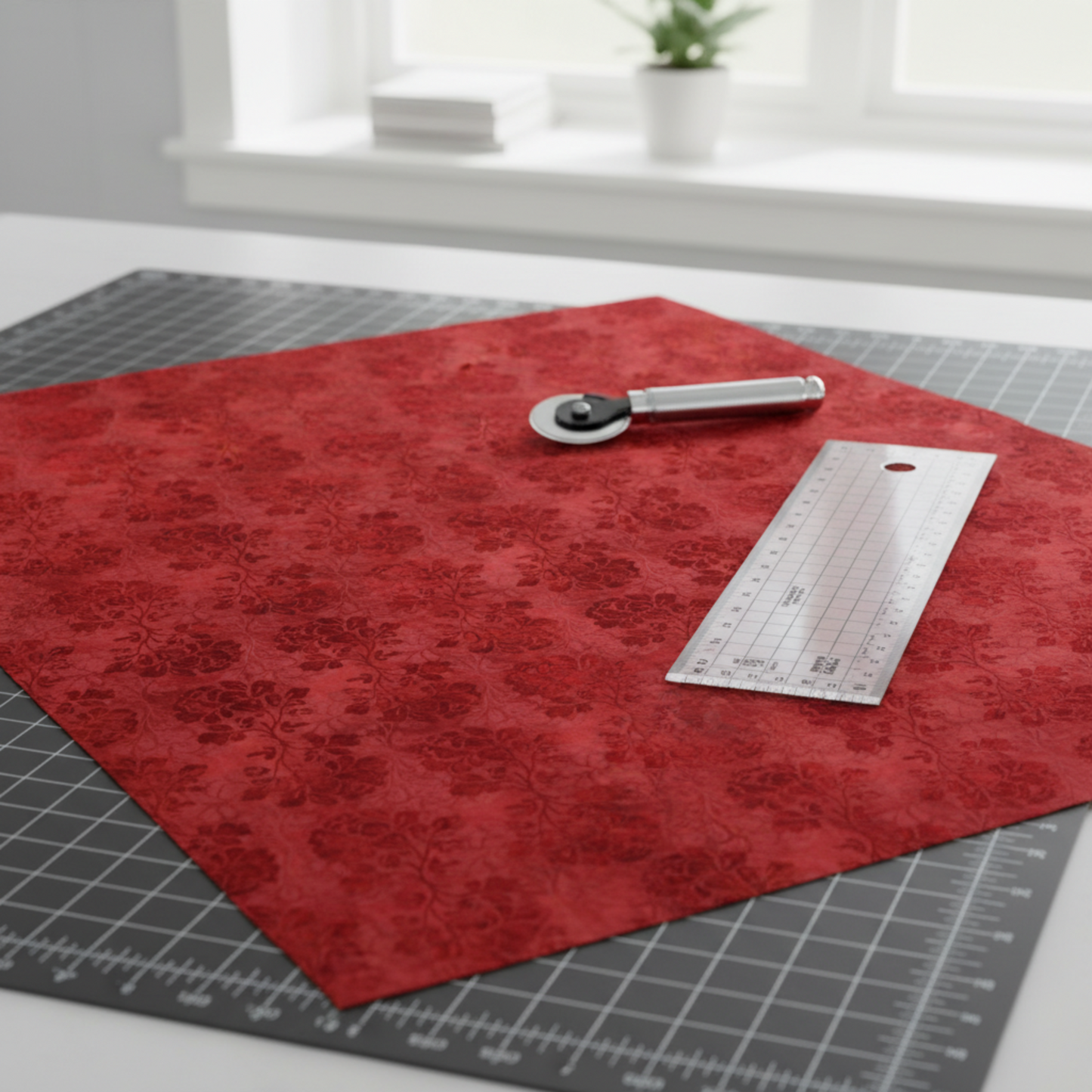 Prism Orange Rose quilting cotton with measuring tape showing scale and pattern repeat size