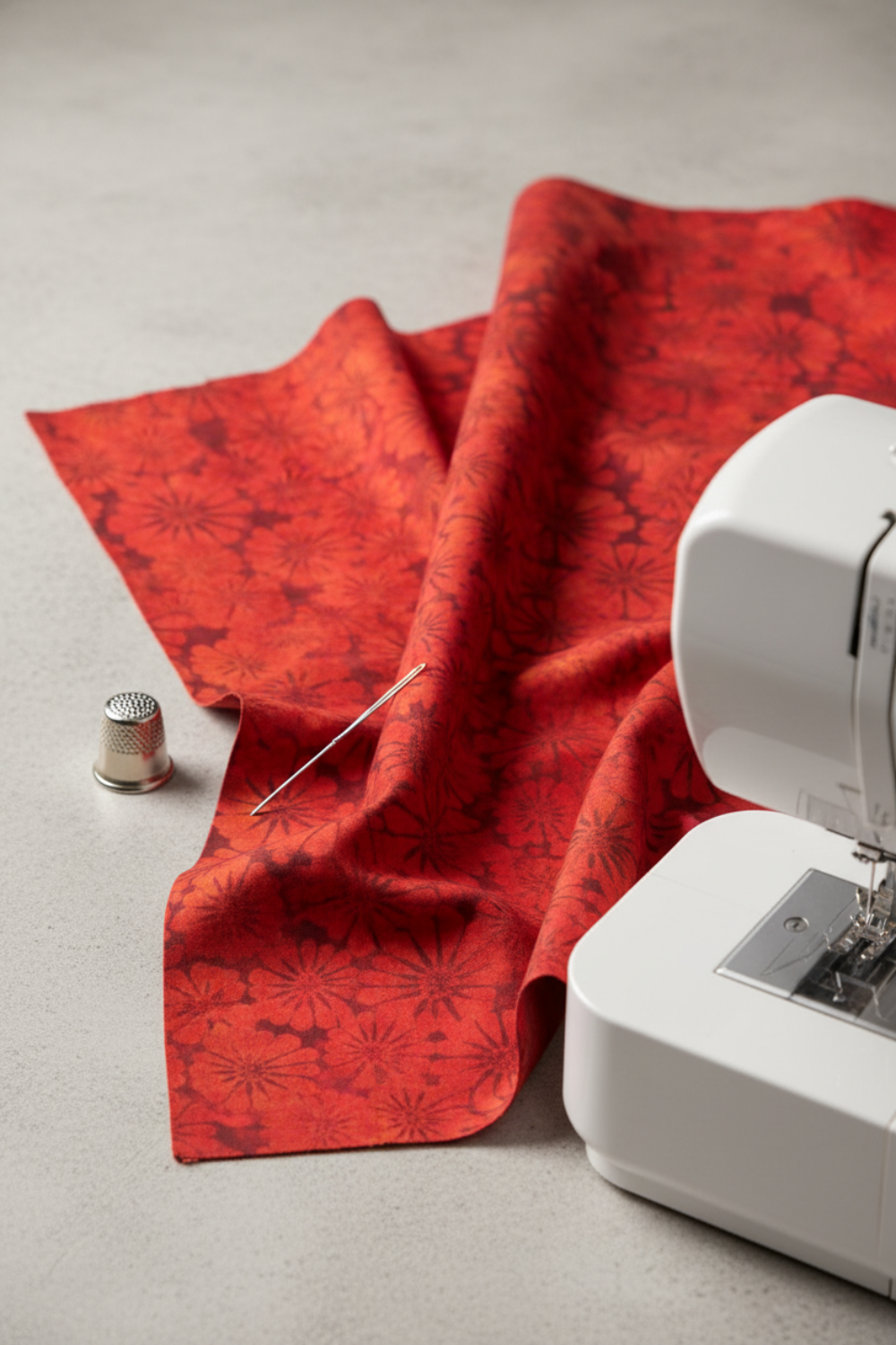 Sunshine Red Daisies quilting cotton fabric - vertical view showing scale and drape