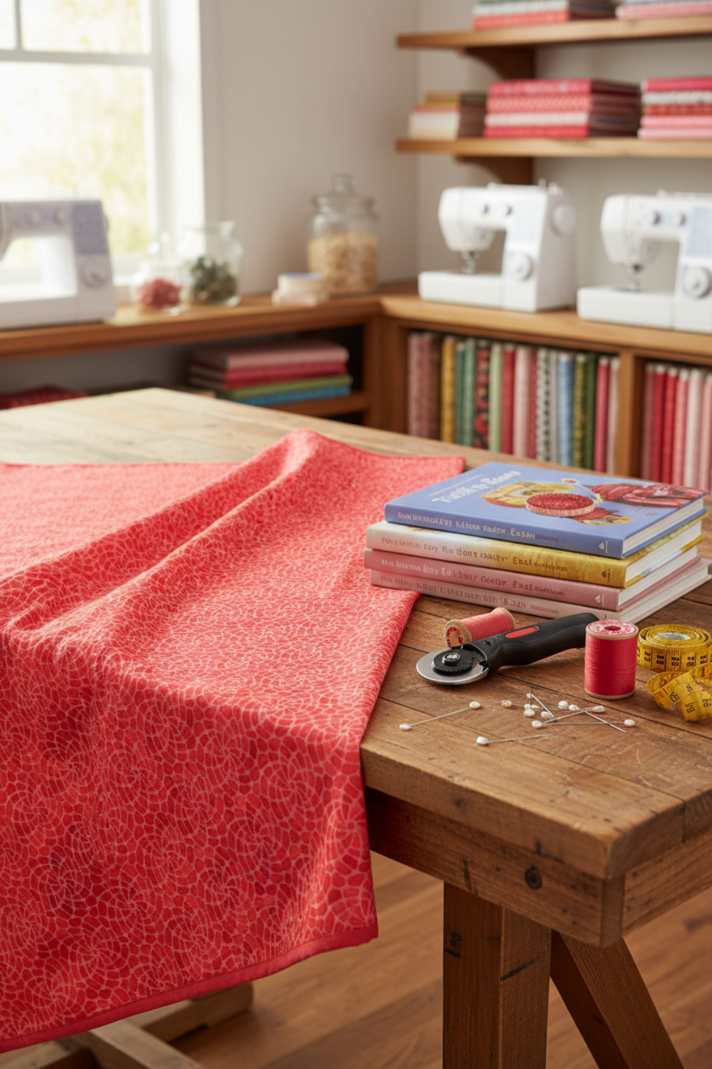 Sunshine Red Roses quilting cotton fabric - vertical view showing scale and drape