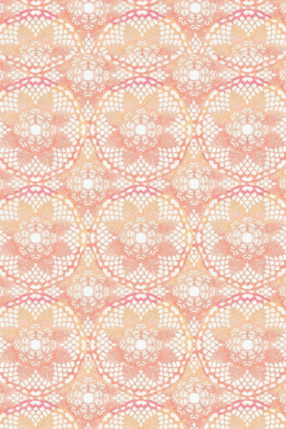 Patricia Coral Lace 3-Yard Cut quilting cotton by Jason Yenter for In The Beginning Fabrics — vertical crop showing romantic overlapping circular lace medallions in soft blush coral, warm peach, and creamy white. 100% cotton, 43–44" wide, 3 yard cut. Coordinating fabrics and quilt patterns available at IraRobi Quilts.