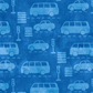 On the Go Automobiles Blue quilting cotton by Jason Yenter for In The Beginning Fabrics — vertical close-up showing tone-on-tone automobile silhouettes with traffic lights and crosswalk stripes on a deep cobalt-blue ground, 100% cotton, 43–44" wide.