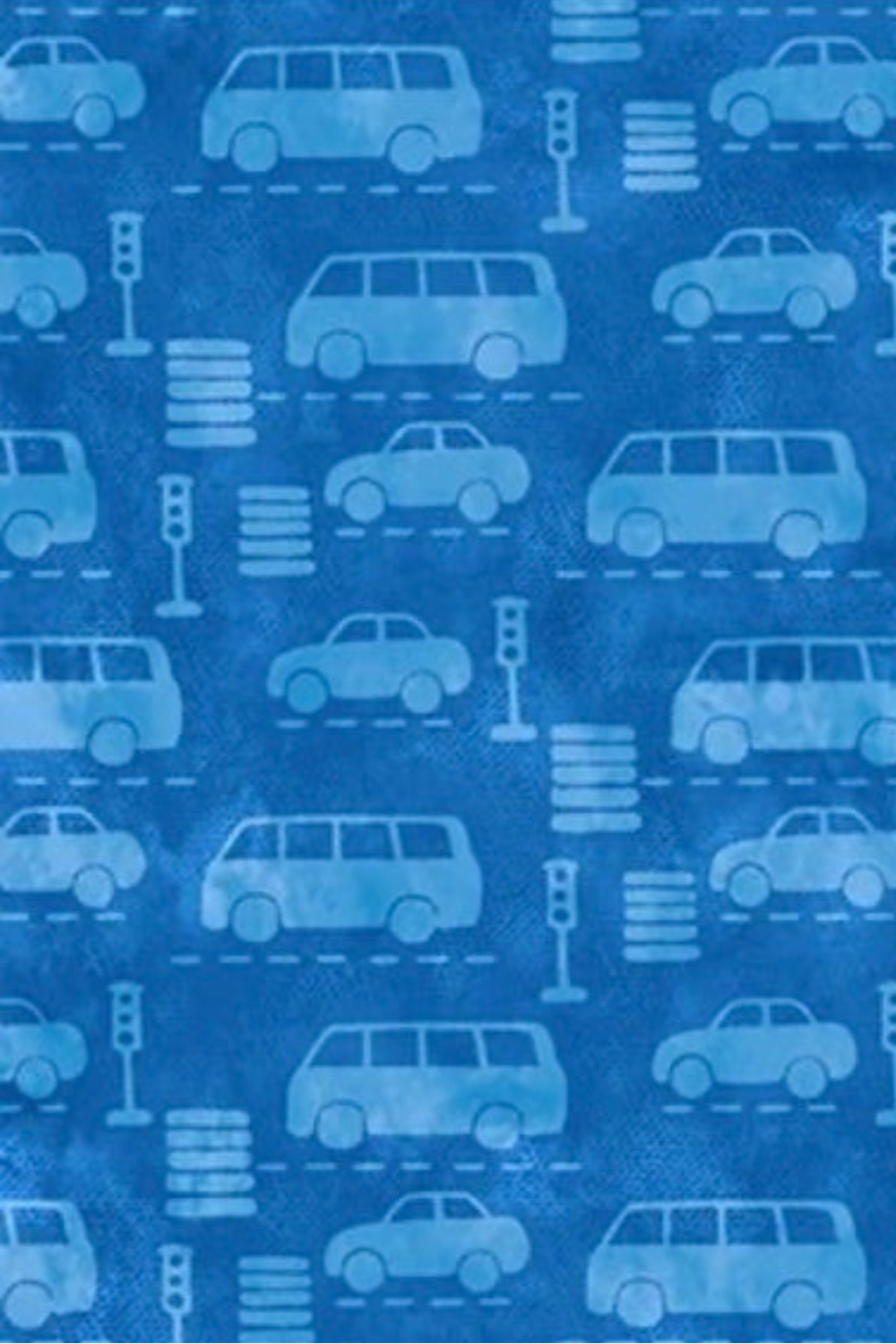 On the Go Automobiles Blue quilting cotton by Jason Yenter for In The Beginning Fabrics — vertical close-up showing tone-on-tone automobile silhouettes with traffic lights and crosswalk stripes on a deep cobalt-blue ground, 100% cotton, 43–44" wide.