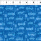 On the Go Automobiles Blue quilting cotton by Jason Yenter for In The Beginning Fabrics — close-up flat lay with ruler showing scale of tone-on-tone sedan, van, and SUV silhouettes with traffic lights and crosswalk stripes on a deep cobalt-blue ground, 100% cotton, 43–44" wide.

