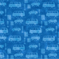 On the Go Automobiles Blue quilting cotton by Jason Yenter for In The Beginning Fabrics — close-up flat lay showing tone-on-tone sedan, van, and SUV silhouettes with traffic lights and crosswalk stripes on a deep cobalt-blue mottled ground, 100% cotton, 43–44" wide.