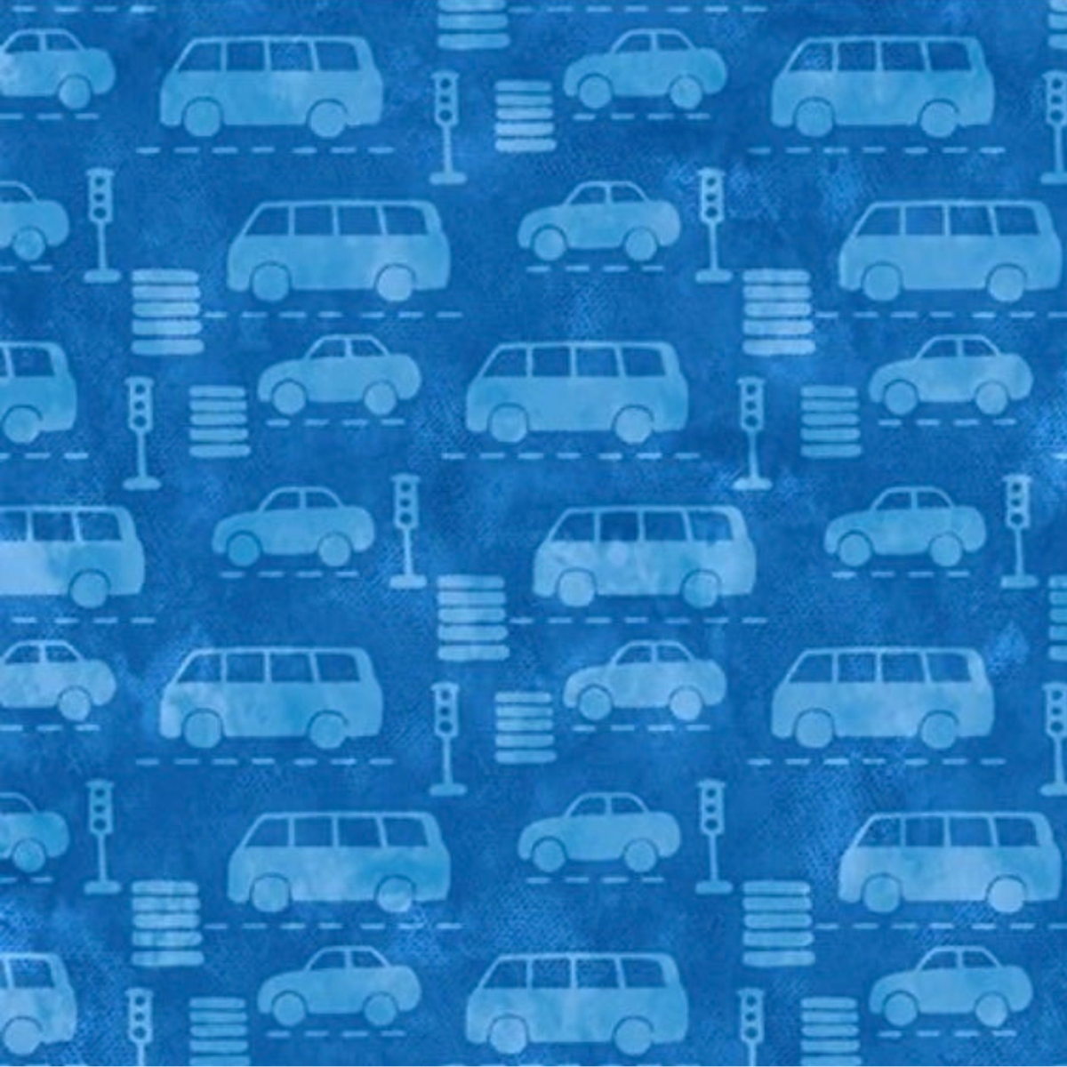 On the Go Automobiles Blue quilting cotton by Jason Yenter for In The Beginning Fabrics — close-up flat lay showing tone-on-tone sedan, van, and SUV silhouettes with traffic lights and crosswalk stripes on a deep cobalt-blue mottled ground, 100% cotton, 43–44" wide.