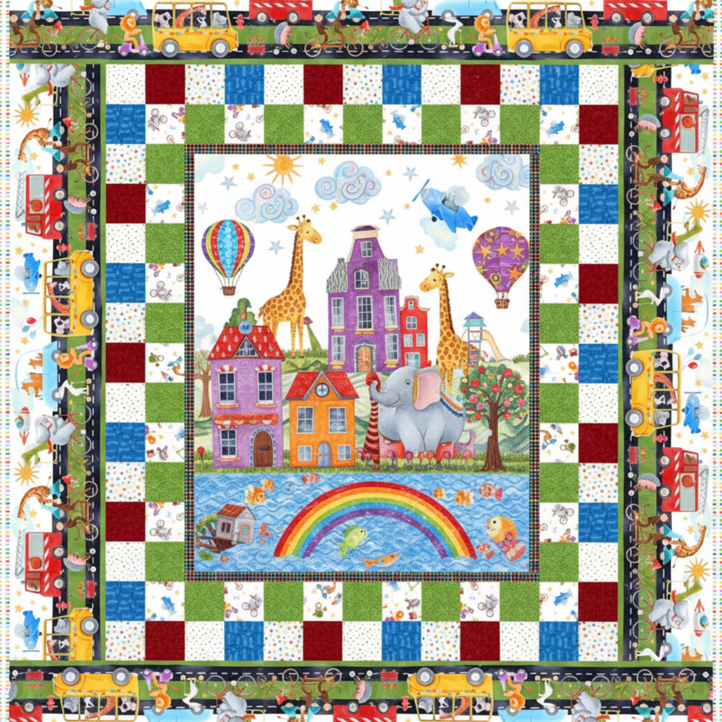 Full view of On the Go quilt with city-scene center panel, checkerboard border, and playful road-themed outer border.