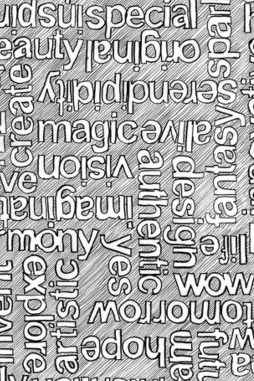 Writing on the Wall Well Worded White close-up -- grey hatched background with white word art typography including special, beauty, serendipity, magic, imagination, harmony, evolve, vision, wow, and tomorrow -- by FreeSpirit Fabrics, 100% cotton