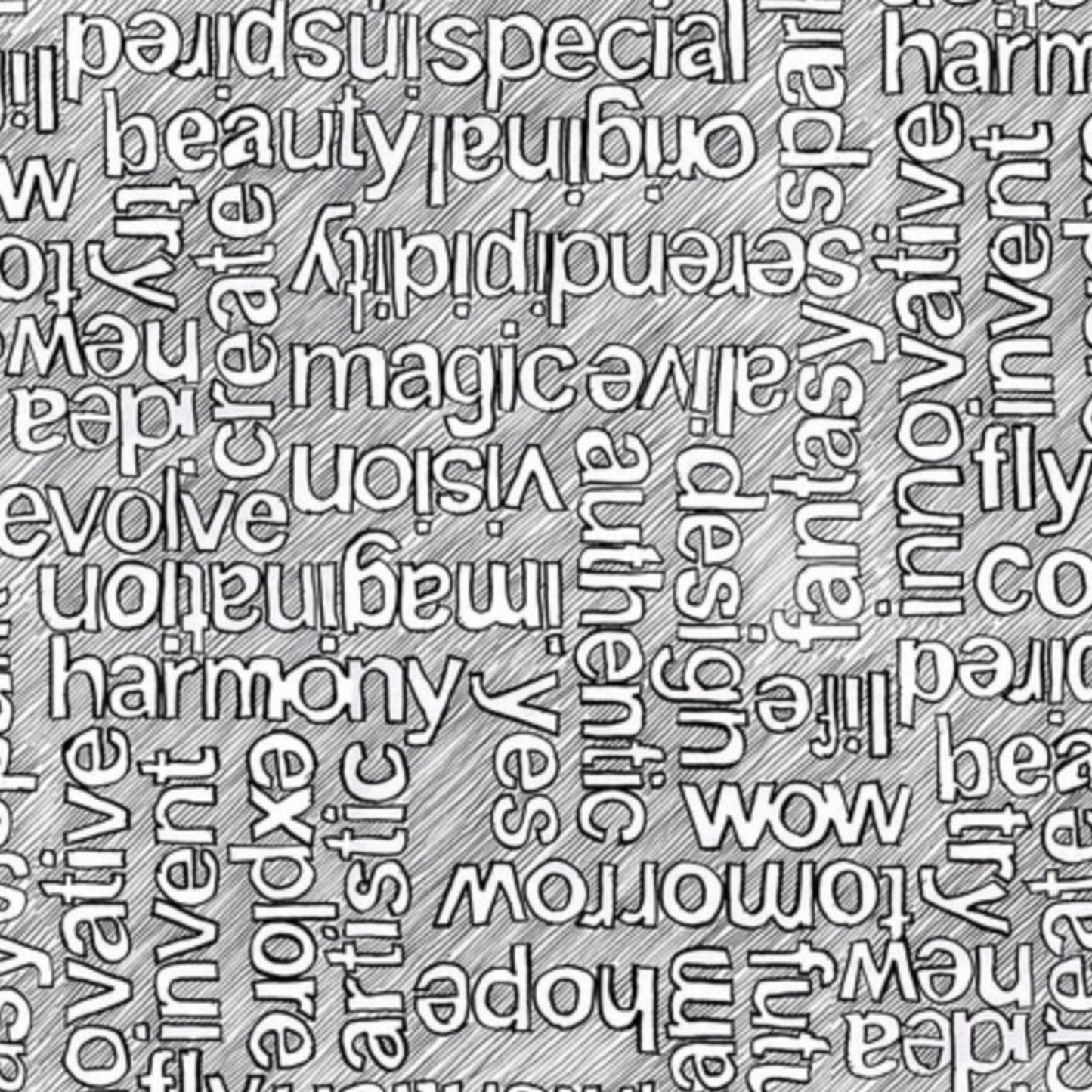 Writing on the Wall Well Worded White close-up — grey hatched background with white word art typography by FreeSpirit Fabrics