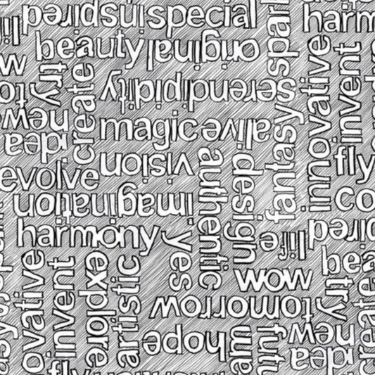 Writing on the Wall Well Worded White close-up — grey hatched background with white word art typography by FreeSpirit Fabrics