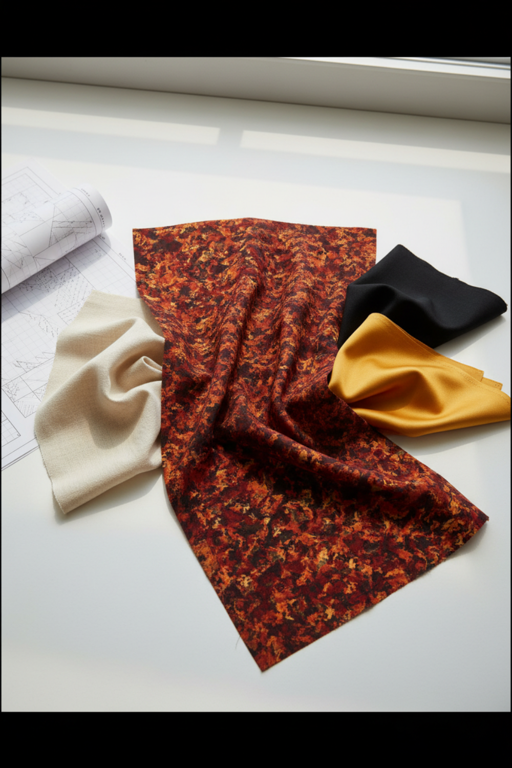 A Year of Art Autumn Texture quilting cotton styled with coordinating solids for quilt color planning and fall project inspiration