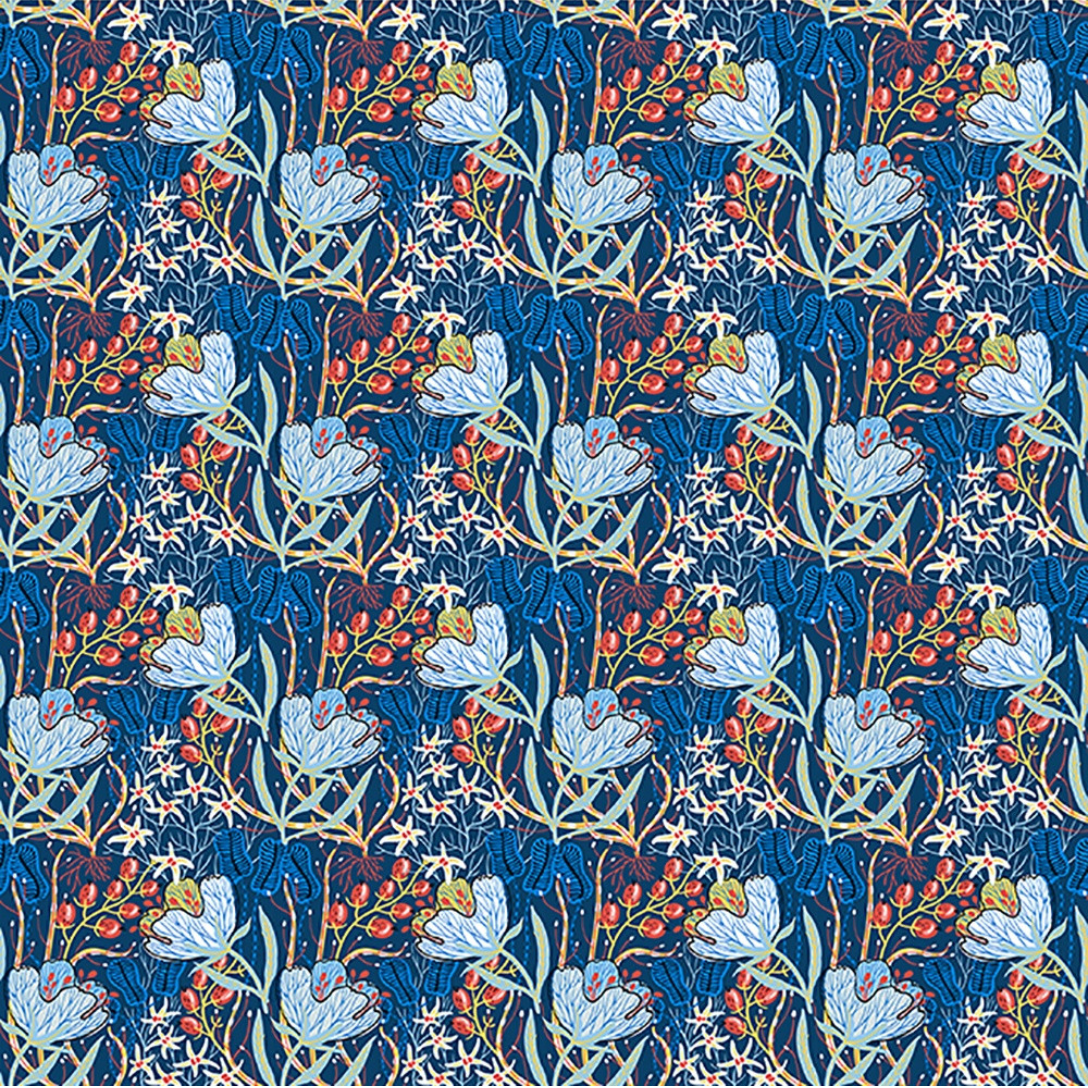 Close-up of Whimsy Anemones and Berry Pods Blue fabric showing delicate floral linework and soft blue tones