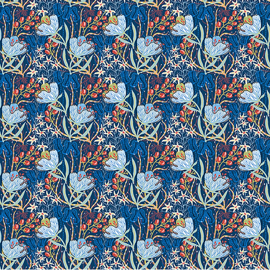 Close-up of Whimsy Anemones and Berry Pods Blue fabric showing delicate floral linework and soft blue tones