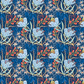 Whimsy Anemones and Berry Pods Blue 3 Yard Cut quilting cotton by Jason Yenter for In The Beginning Fabrics — close-up flat lay showing large powder blue anemone blooms with deep indigo centers, red-orange berry pod clusters on arching stems, white star flower sprigs, and sweeping sage green leaves on rich navy ground, 100% cotton, 43–44" wide. Coordinating fabrics and quilt patterns are available at IraRobi Quilts.