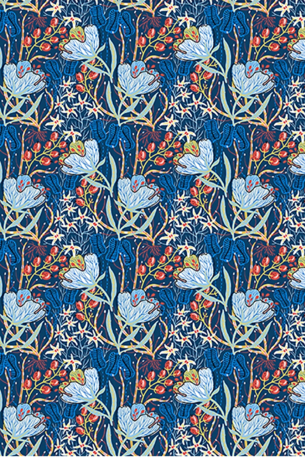 Whimsy Anemones and Berry Pods Blue 3 Yard Cut quilting cotton by Jason Yenter for In The Beginning Fabrics — close-up flat lay showing large powder blue anemone blooms with deep indigo centers, red-orange berry pod clusters on arching stems, white star flower sprigs, and sweeping sage green leaves on rich navy ground, 100% cotton, 43–44" wide. Coordinating fabrics and quilt patterns are available at IraRobi Quilts.