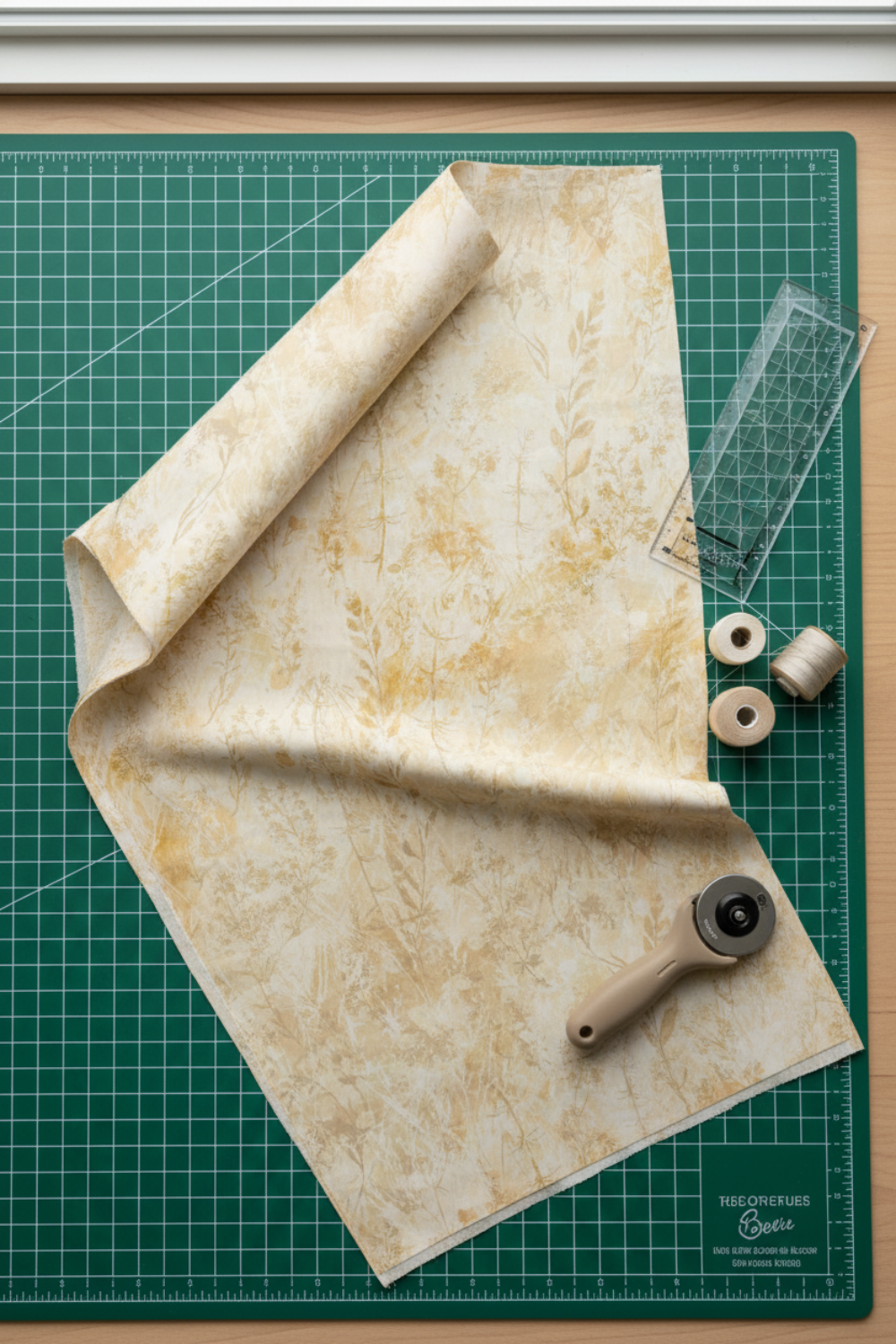 Reflections of Autumn II Twigs quilting cotton styled on cutting mat with ruler and rotary cutter – autumn quilt planning lifestyle photo