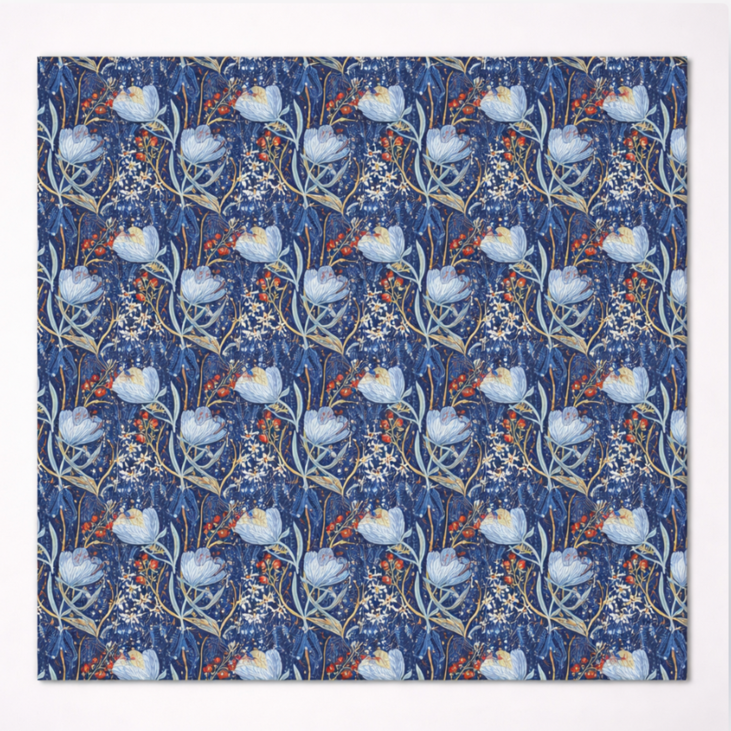 Whimsy Anemones and Berry Pods Blue quilting cotton – full pattern view showing repeating floral and botanical design