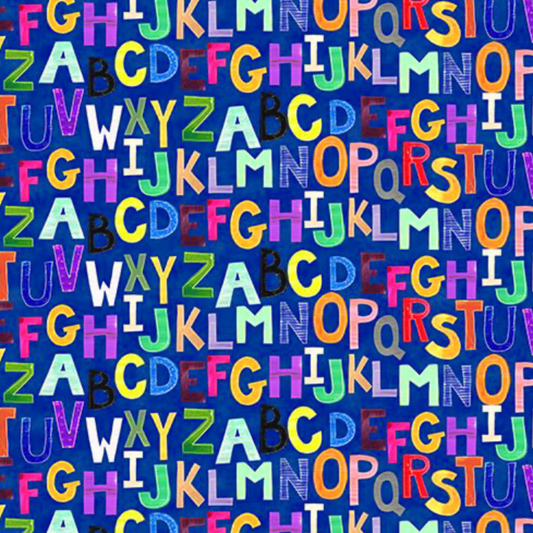 ABC's of Color Alphabet Navy quilting cotton fabric detail view showing color depth and educational alphabet print