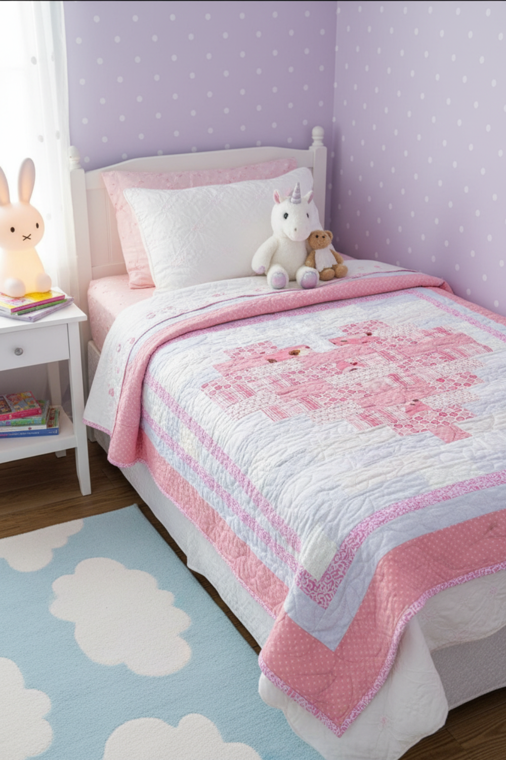 Children's bedroom with a bed featuring a pink and white quilt, stuffed animals, and a nightstand with books and a rabbit lamp.