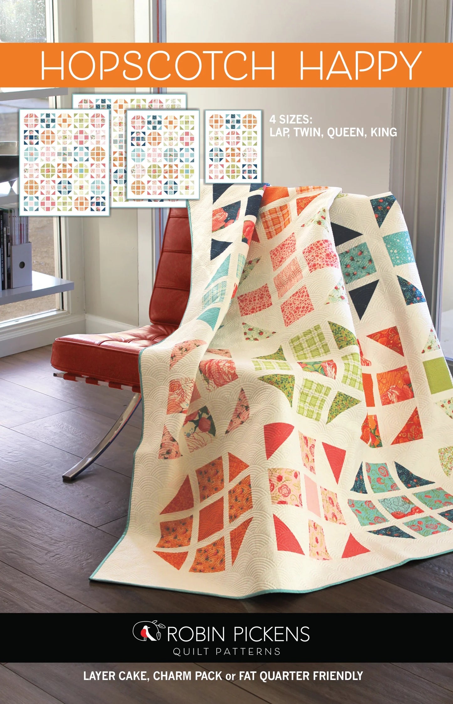 Hopscotch Happy quilt pattern by Robin Pickens — stunning HST design in 4 sizes, Layer Cake, Charm Pack & Fat Quarter friendly! Shop at IraRobi Quilts! #QuiltPattern #RobinPickens #HalfSquareTriangle #ModaFabrics