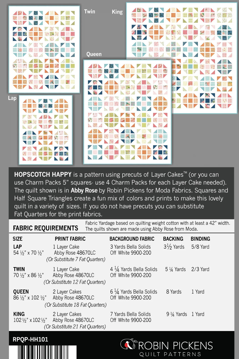 Hopscotch Happy quilt pattern back cover by Robin Pickens — 4 sizes lap to king, Layer Cake, Charm Pack or Fat Quarter friendly! Shop at IraRobi Quilts! #QuiltPattern #RobinPickens #LayerCake #ModaFabrics