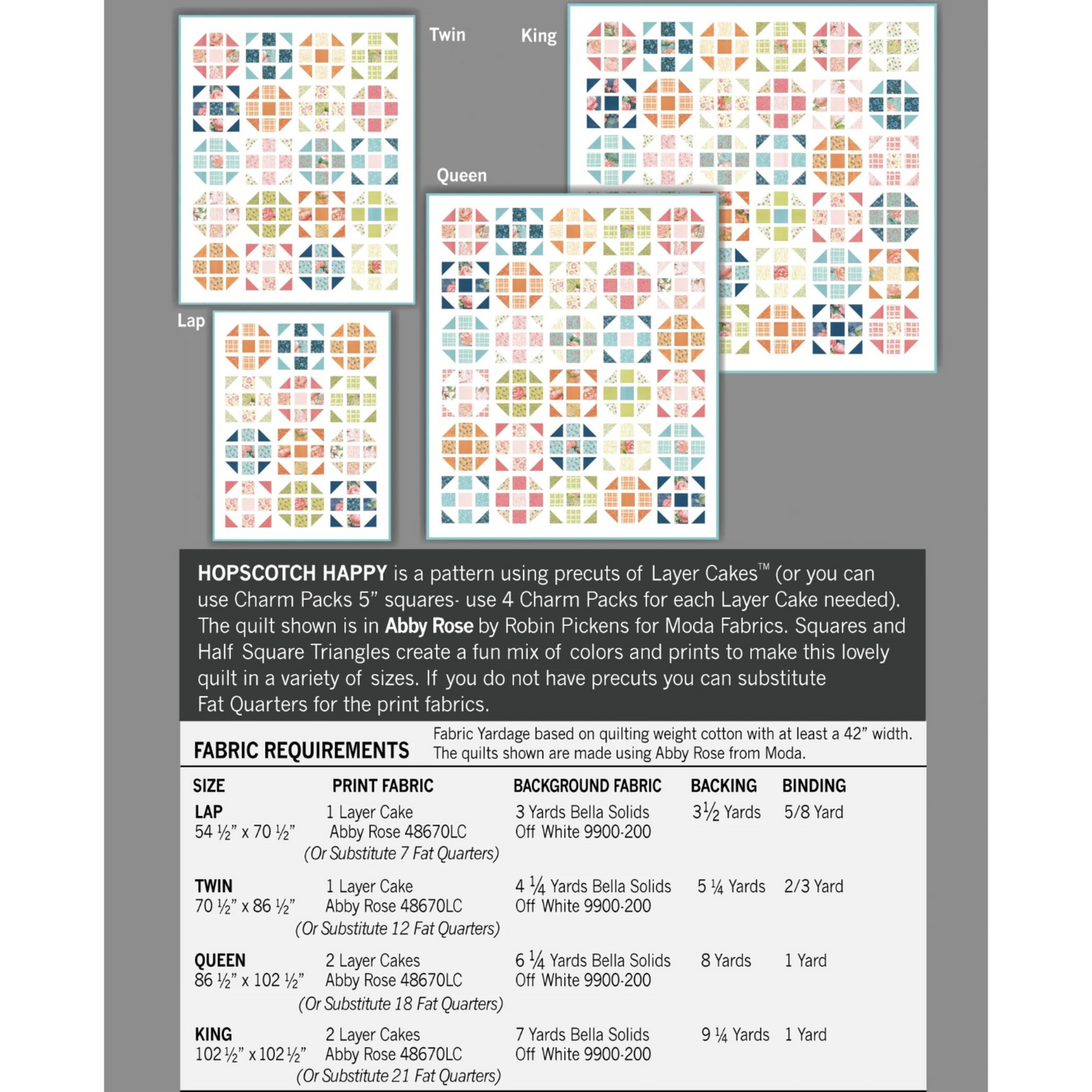 Hopscotch Happy quilt pattern back cover by Robin Pickens — lap, twin, queen and king size layout diagrams with fabric requirements