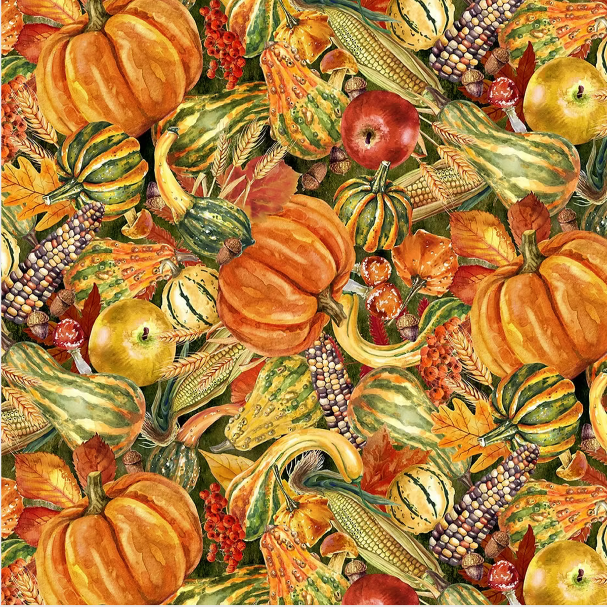 Autumn Celebration Multi Vegetables quilting cotton by Jason Yenter for In The Beginning Fabrics — close-up flat lay showing a lush allover harvest print with orange pumpkins, striped gourds, Indian corn, red and green apples, acorns, wheat, red berries, and fall oak leaves tumbling together in deep orange, amber, green, and rust on a dark olive ground. 100% cotton, 43–44" wide.