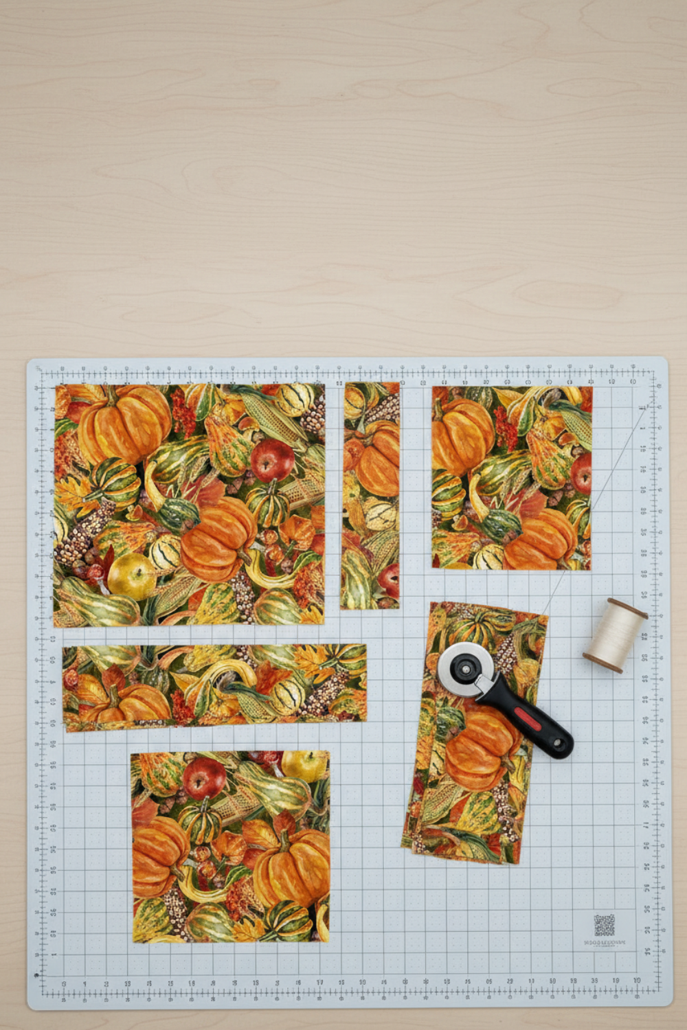 Autumn Celebration Multi Vegetables quilting cotton styled on cutting mat with quilting tools – lifestyle shot for quilters