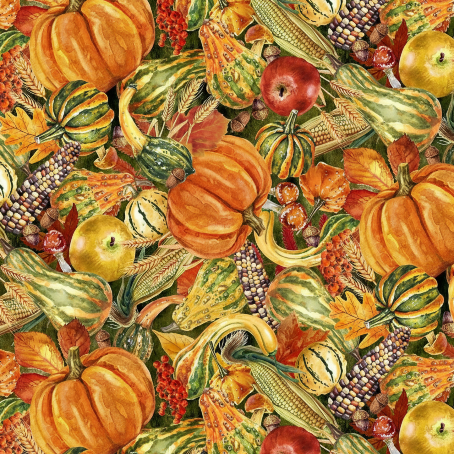 Detailed harvest vegetable print on premium quilting cotton with illustrated pumpkins, squash, and seasonal botanicals.