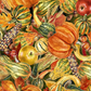 Autumn Celebration Multi Vegetables quilting cotton by Jason Yenter for In The Beginning Fabrics — vertical close-up of a lush allover harvest print with orange pumpkins, striped gourds, Indian corn, apples, acorns, wheat, red berries, and fall oak leaves in deep orange, amber, green, and rust on a dark olive ground. 100% cotton, 43–44" wide.