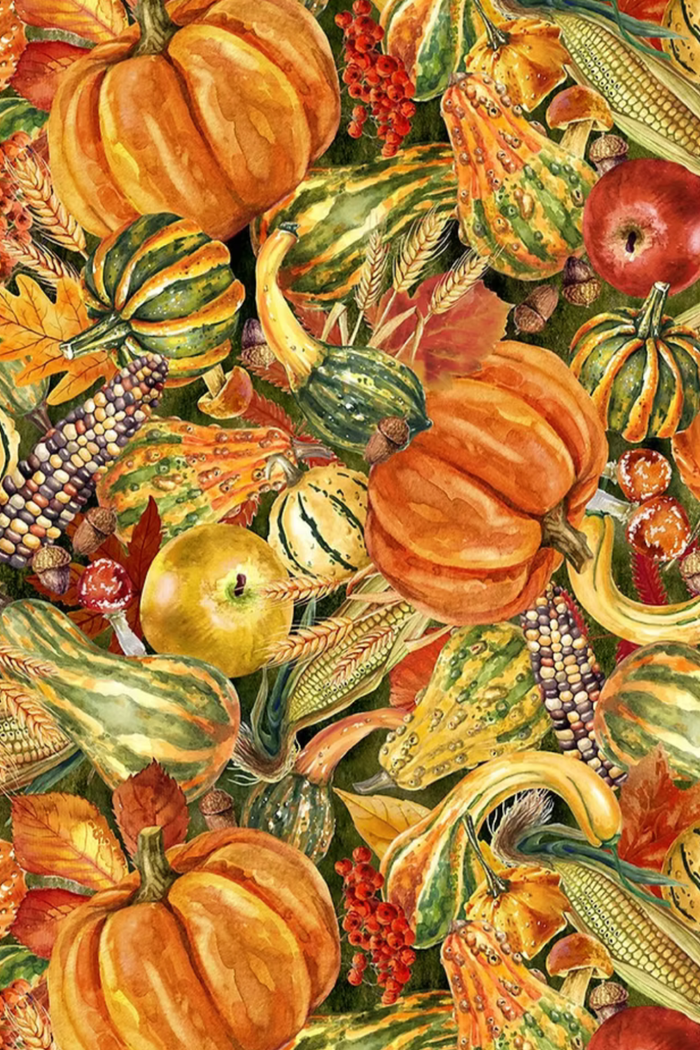 Autumn Celebration Multi Vegetables quilting cotton by Jason Yenter for In The Beginning Fabrics — vertical close-up of a lush allover harvest print with orange pumpkins, striped gourds, Indian corn, apples, acorns, wheat, red berries, and fall oak leaves in deep orange, amber, green, and rust on a dark olive ground. 100% cotton, 43–44" wide.