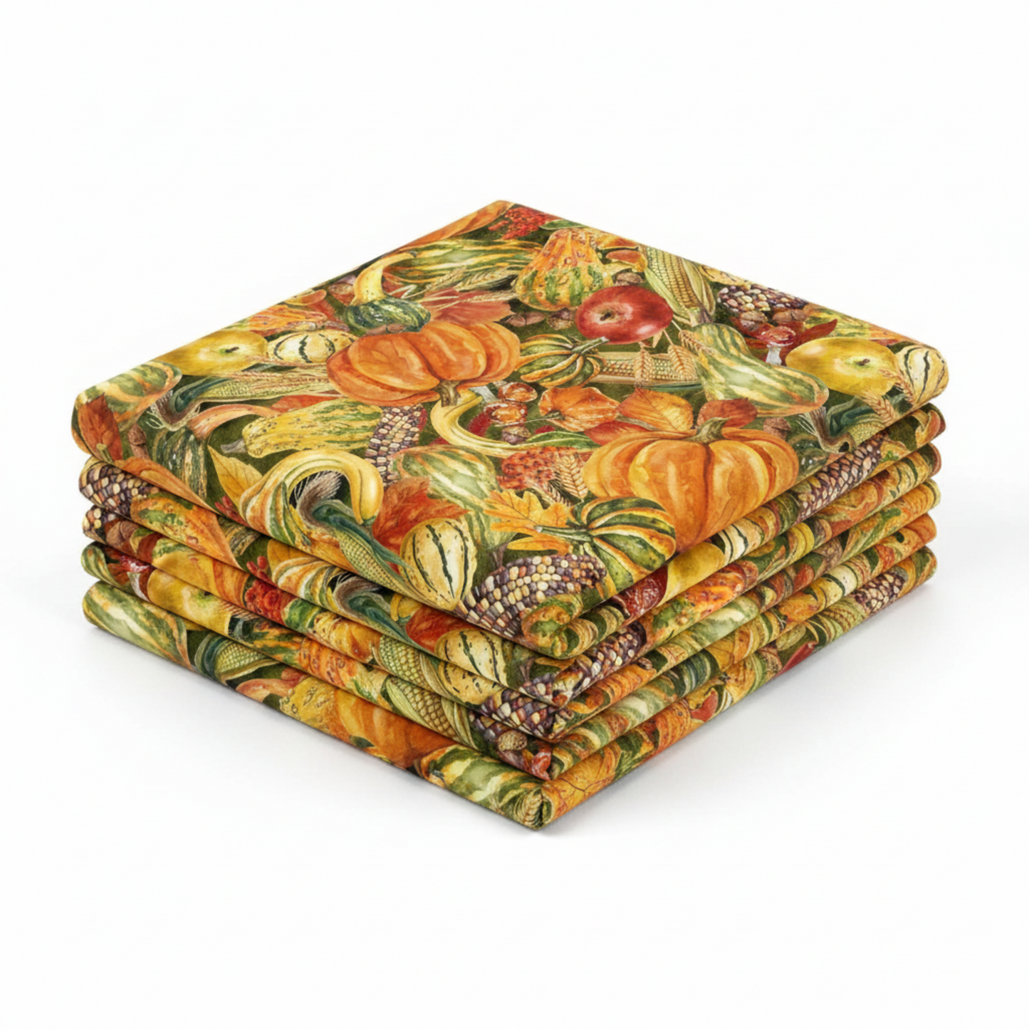 Autumn vegetable quilting fabric with pumpkins and berries in warm seasonal tones, shown from an angled view.
