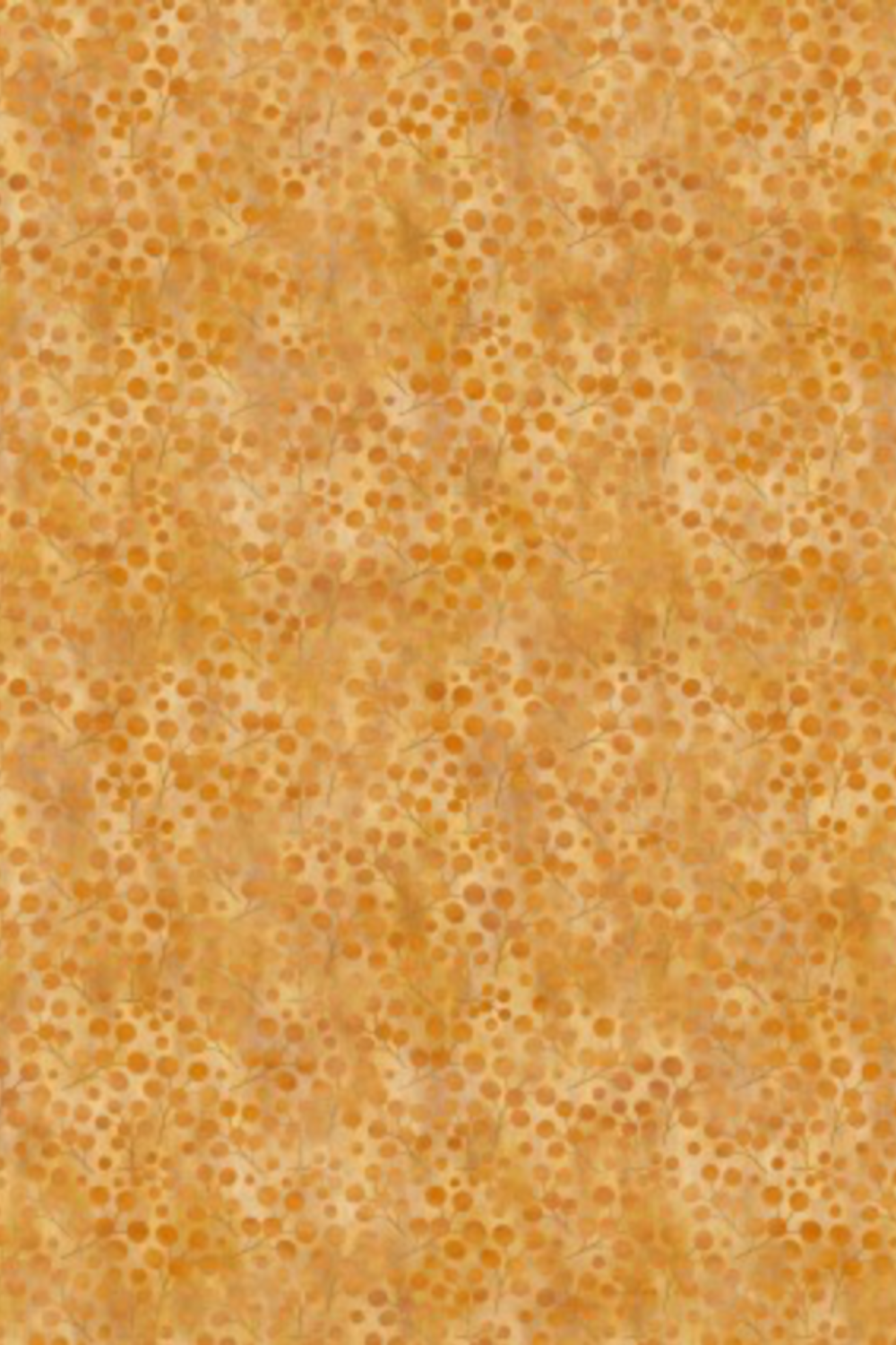 Autumn Celebration Gold Berries quilting cotton — vertical close-up of scattered amber dot clusters in loose triangular formations on a softly mottled golden yellow watercolor ground. Low-contrast tonal blender for fall quilts and Thanksgiving projects. 100% cotton, 43–44" wide.