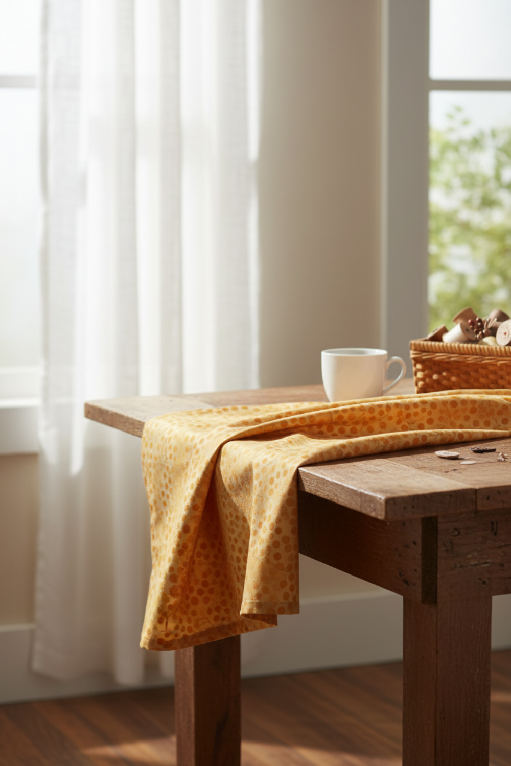 Autumn Celebration Gold Berries quilting cotton styled on cutting mat with quilting tools – lifestyle shot for quilters