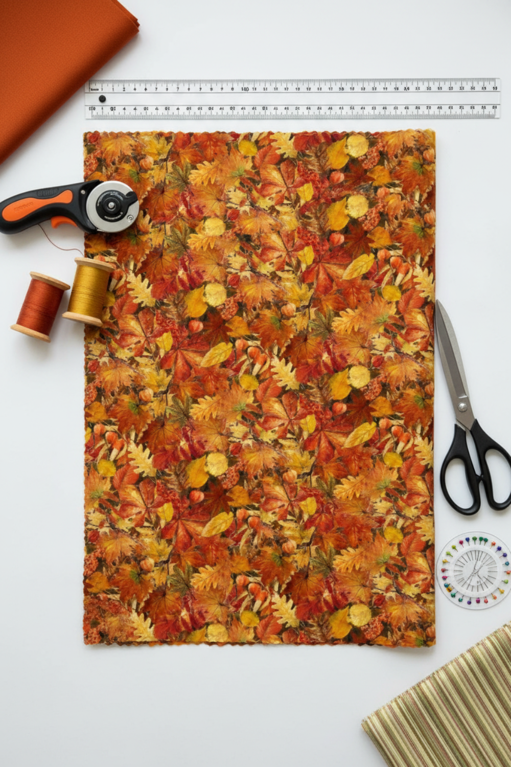 Autumn Celebration Multi Small Foliage quilting cotton styled on cutting mat with quilting tools – lifestyle shot for quilters