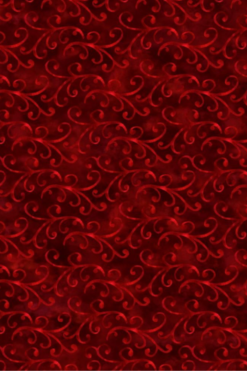 NYSNO New Snow Red Swirl quilting cotton by Jason Yenter for In The Beginning Fabrics — vertical close-up showing dense interlocking tone-on-tone crimson scrolls on a richly mottled red ground, luxurious tonal blender print, 100% cotton, 43–44" wide.