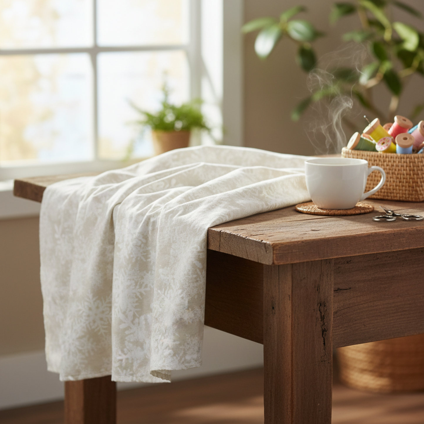 NYSNO White Snowflakes quilting cotton fabric draped to show softness, flow, and fabric body