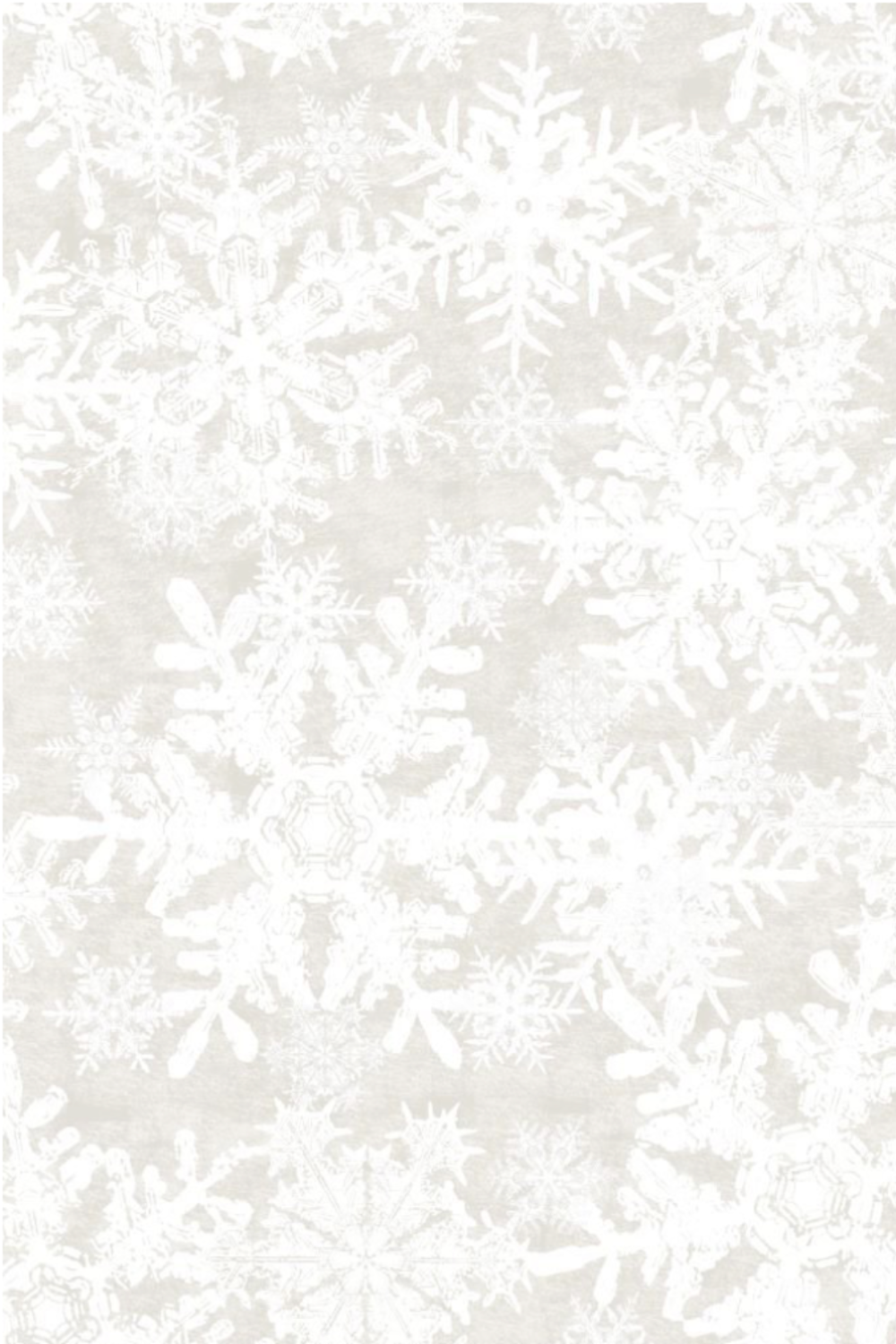NYSNO New Snow White Snowflakes quilting cotton by Jason Yenter for In The Beginning Fabrics — vertical close-up showing densely scattered white-on-white snowflake silhouettes on a soft mottled ground, tone-on-tone allover print, 100% cotton, 43–44" wide.